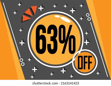 63% de oferta especial. 63% de descuento para tiendas web y virtuales. Vector en naranja y negro.