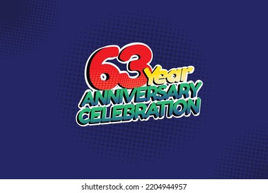 63 year anniversary celebration fun style logotype. anniversary logo with red, purple and blue color isolated on red background, vector design for celebration, invitation and greeting card - Vector