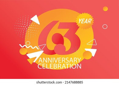 63-jähriges Jubiläum-Logo. Jubiläumslogo mit orangefarbener und weißer Farbe einzeln auf schwarzem Hintergrund, Vektordesign für Feiern, Einladungskarte und Grußkarte - Vektorgrafik