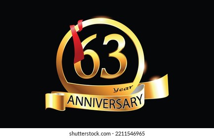 63 Year Anniversary celebration Vector Design with ring and red ribbon. 63rd Anniversary celebration. Gold Luxury Banner of 63rd Anniversary celebration. sixty-third celebration card. anniversary