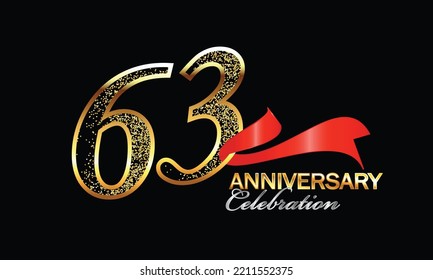 63 Year Anniversary celebration Vector Design with red ribbon and glitter. 63rd Anniversary celebration. Gold Luxury Banner of 63rd Anniversary. sixty-third celebration card