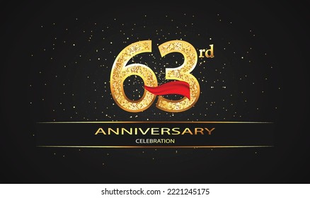 63 Year Anniversary celebration Vector Design with red ribbon and glitter. 63rd Anniversary celebration. Gold Luxury Banner of 63rd Anniversary. celebration card