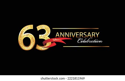 63 Year Anniversary celebration Vector Design. 63rd Anniversary celebration. Gold Luxury Banner of 63rd Anniversary celebration with red ribbon and glitter. Background celebration. Vector anniversary