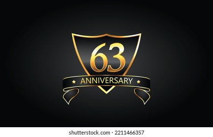 63 year anniversary logo with golden shield and ribbon. Dark concept anniversary. 63rd Anniversary celebration background. sixty-third anniversary banner vector