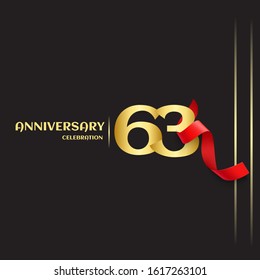 63 year anniversary logo template on black background. golden numbers with red ribbon vector