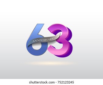 63 years anniversary blue and pink logotype with ribbon isolated on white background, vector design for greeting card and invitation card.