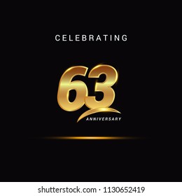 63 Years anniversary celebration golden logotype with swoosh isolated on black background, vector illustration design for greeting card, company event, invitation card, birthday