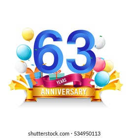 63 Years Anniversary celebration logo, birthday vector illustration, with gift box and balloons, colorful polygonal design.