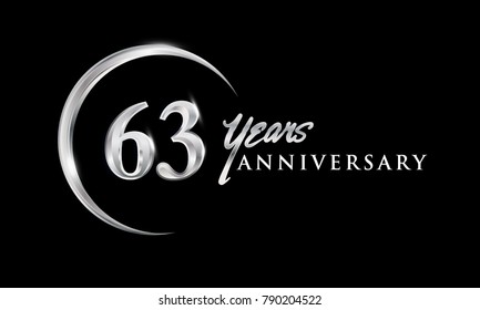 63 years anniversary celebration. Anniversary logo with silver ring elegant design isolated on black background, vector design for celebration, invitation card, and greeting card.