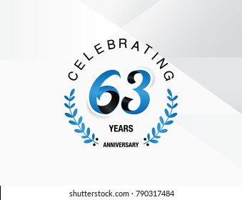 63 Years Anniversary celebration logotype , using combination blue and black colored font with laurel, isolated on white background