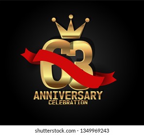 63 years Anniversary golden font with black background and red ribbon, and golden crown. Font with shadow and ribbon on top golden font. crown on the text. simple, luxury, and elegant design