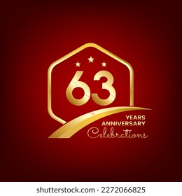 63 years anniversary inside of gold hexagon and curve with red backgrounds