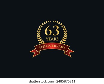 63 Years Anniversary Logo. Celebrating Success. Symbol of Eternal Achievement. Proud Heritage. Logo with Laurel Wreath and Ribbon. Years of Glorious Memories. Jubilee of Joy. Golden Celebratory Crest.