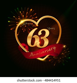63 years anniversary logo golden colored,with love shape, red ribbon, and fireworks background