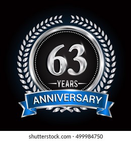 63 years anniversary logo with silver ring and blue ribbon.