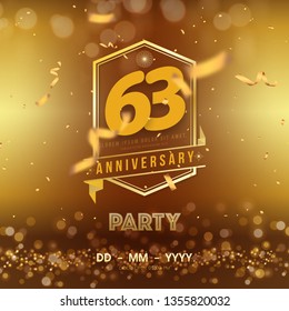 63 years anniversary logo template on gold background. 63rd celebrating golden numbers with red ribbon vector and confetti isolated design elements