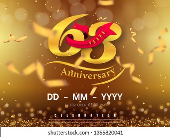 63 years anniversary logo template on gold background. 63rd celebrating golden numbers with red ribbon vector and confetti isolated design elements