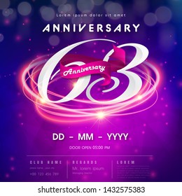 63 years anniversary logo template on purple Abstract futuristic space background. 63rd modern technology design celebrating numbers with Hi-tech network digital technology concept design elements.