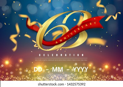 63 years anniversary logo template on gold and blue background. 63rd celebrating golden numbers with red ribbon vector and confetti isolated design elements