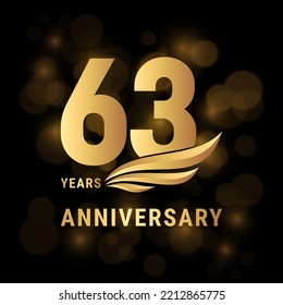 Logo del aniversario de los 63 años, Diseño de plantilla con color dorado para afiches, banners, folletos, revistas, web, folletos, invitaciones o tarjetas de felicitación. Ilustración del vector