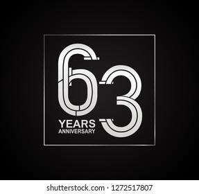 63 years anniversary logotype with cross hatch pattern silver color inside square.