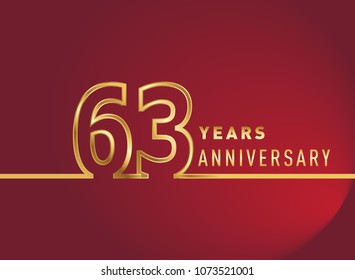 63 years anniversary logotype, gold colored isolated with red background, vector design for celebration, invitation card, and greeting card