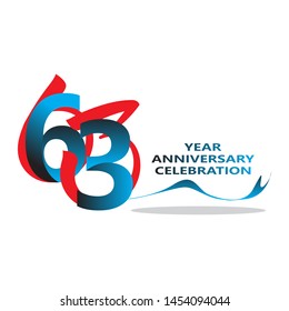 63 Years anniversary logotype with red colored font numbers made of one connected line, isolated on white background for company celebration event, birthday