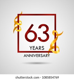 63 years anniversary with red number design inside red square and golden ribbon element, isolated on white background can be used as celebration card