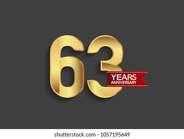 63 years anniversary simple design with golden color and red ribbon isolated on black background for celebration event