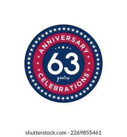 63 years anniversary. Anniversary template design, red and blue colors with stars, design for event, invitation card, greeting card, banner, poster, flyer, book cover and print. Vector Eps10