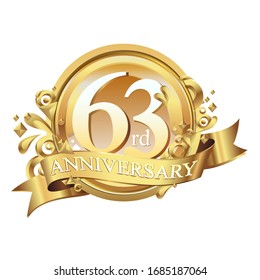 63 years golden anniversary logo celebration with ring and ribbon