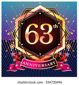 63 years golden anniversary logo celebration with ring and ribbon.