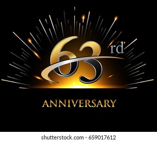 63 years golden anniversary logo celebration with firework and swoosh on dark background