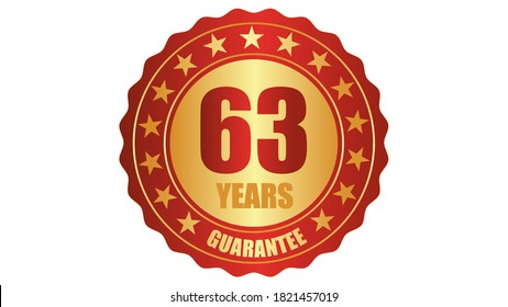 63 años de garantía estampilla icono o etiqueta de garantía, insignia, etiqueta, ilustración del vector de sello de concepto original, logotipo aislado en fondo blanco y texto rojo dorado