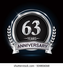 63 years silver anniversary logo with laurel wreath, ribbon and silver ring. vector design
