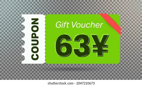 63 Yuan coupon promotion sale for website, internet ads, social media.Big sale and super sale coupon code Japanese yen 63 discount gift voucher coupon vector illustration summer offer ends weekend