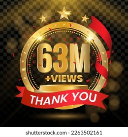 63M + Views Logotype with Gold and red Confetti Isolated on Black Background(PNG), Vector design for video display celebration.