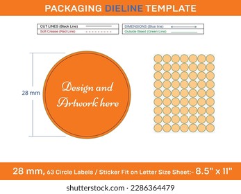 63pcs 28 mm CIRCLE or ROUND label sticker dieline template
