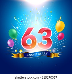 63rd Anniversary with balloon, confetti, and blue background.