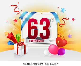 63rd anniversary celebration with colorful confetti and balloon with shiny yellow background