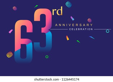 63rd anniversary celebration with colorful design, modern style with ribbon and colorful confetti isolated on dark background, for birthday celebration