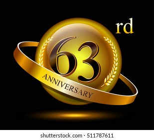 63rd anniversary celebration with gold ring and laurel on black isolated background