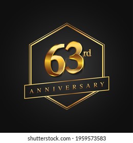 63rd Anniversary Celebration. Anniversary logo with hexagon and elegance golden color isolated on black background, vector design for celebration, invitation card, and greeting card