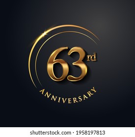 63rd Anniversary Celebration. Anniversary logo with ring and elegance golden color isolated on black background, vector design for celebration, invitation card, and greeting card.