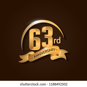 63rd Anniversary design logotype. Anniversary logo design with swoosh and elegance golden ribbon. Vector template for use celebration, invitation card, and greeting card