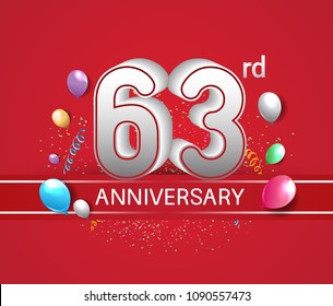 63rd anniversary design red background with balloons and confetti for company celebration event 