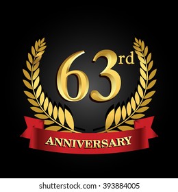 63rd anniversary logo with red ribbon and golden laurel wreath, vector design for birthday celebration.