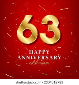 63rd anniversary vector template with a golden number and golden confetti spread on a red background