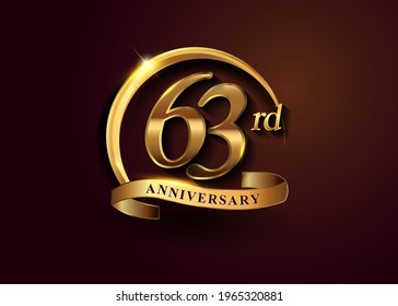 63rd golden anniversary logo with gold ring and golden ribbon, vector design for birthday celebration, invitation card.