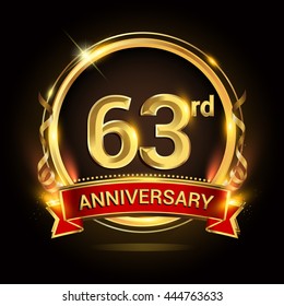 63rd golden anniversary logo with ring and red ribbon, vector design.